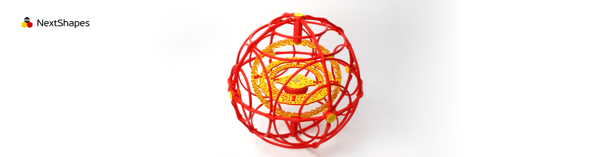 Full view of a 3D printed rolling lantern model made with NextShapes Standard PLA filament, highlighting smooth surfaces, vibrant colors, and intricate structural design against a light background.