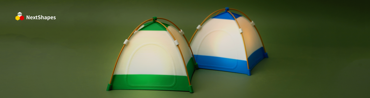 Close-up of lit tent-shaped lamps 3D printed with NextShapes Standard PLA filament, highlighting even light diffusion, smooth texture, and consistent quality.