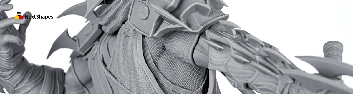 Close-up of the warrior figurine's armor 3D printed with NextShapes Standard Pro resin, highlighting crisp textures, fine details, and exceptional detail reproduction.