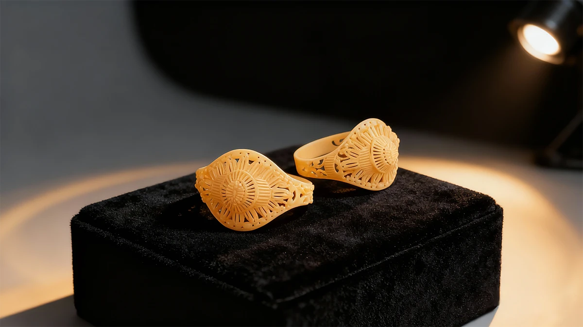 Display of 3D printed dual lace rings made with NextShapes High Resolution 8K Pro Red Wax Resin, highlighting clean edges and consistent dimensional accuracy