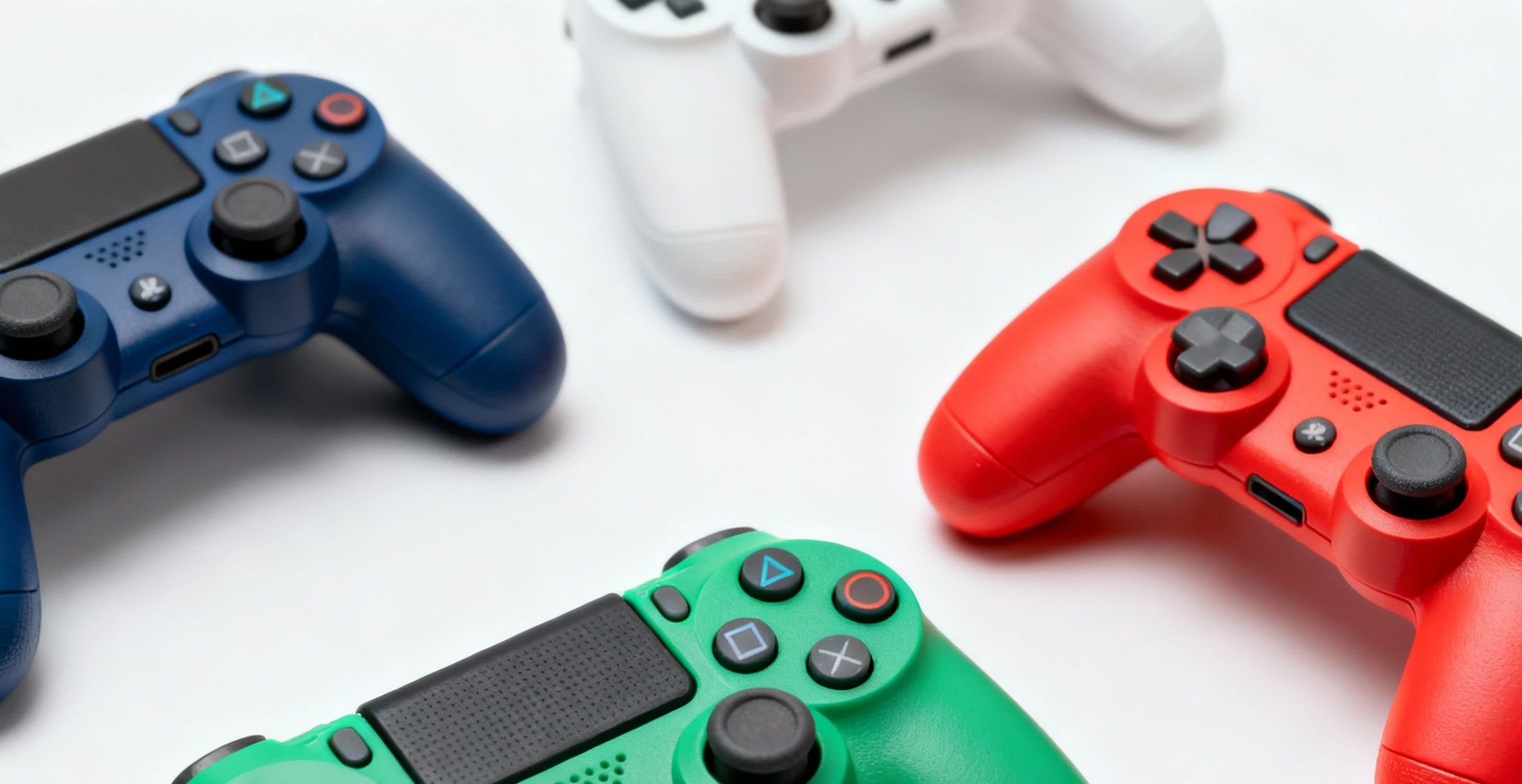 Collection of 3D printed game controller prototypes in multiple colors (blue, white, red, green) made with Standard Pro resin, demonstrating wide color range and design flexibility