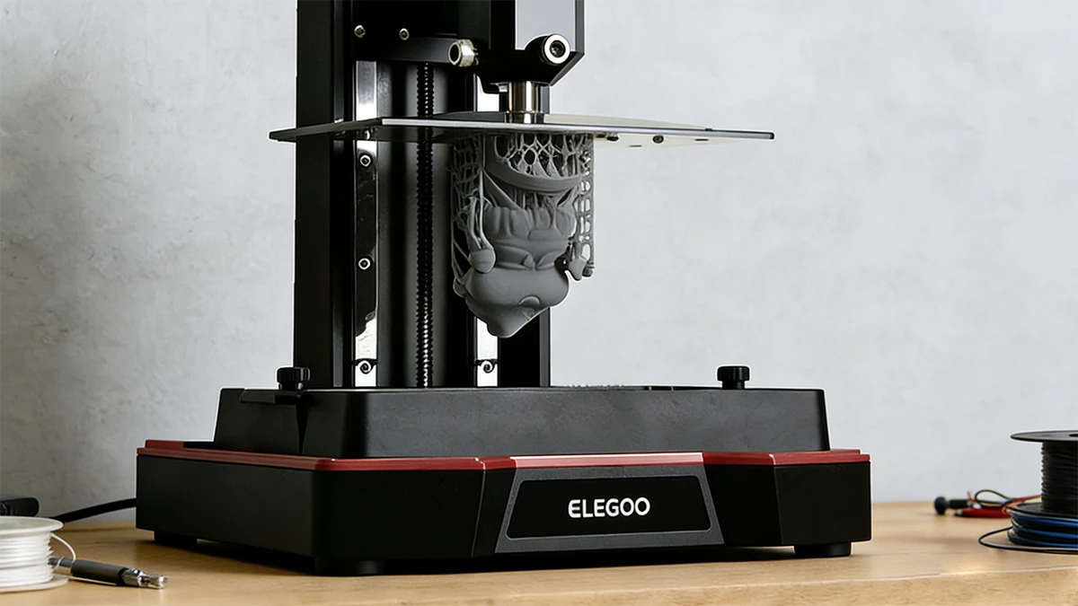 Display of large-format LCD printer and high-precision model made with NextShapes Standard Pro Resin, highlighting scalable production and smooth surface finish