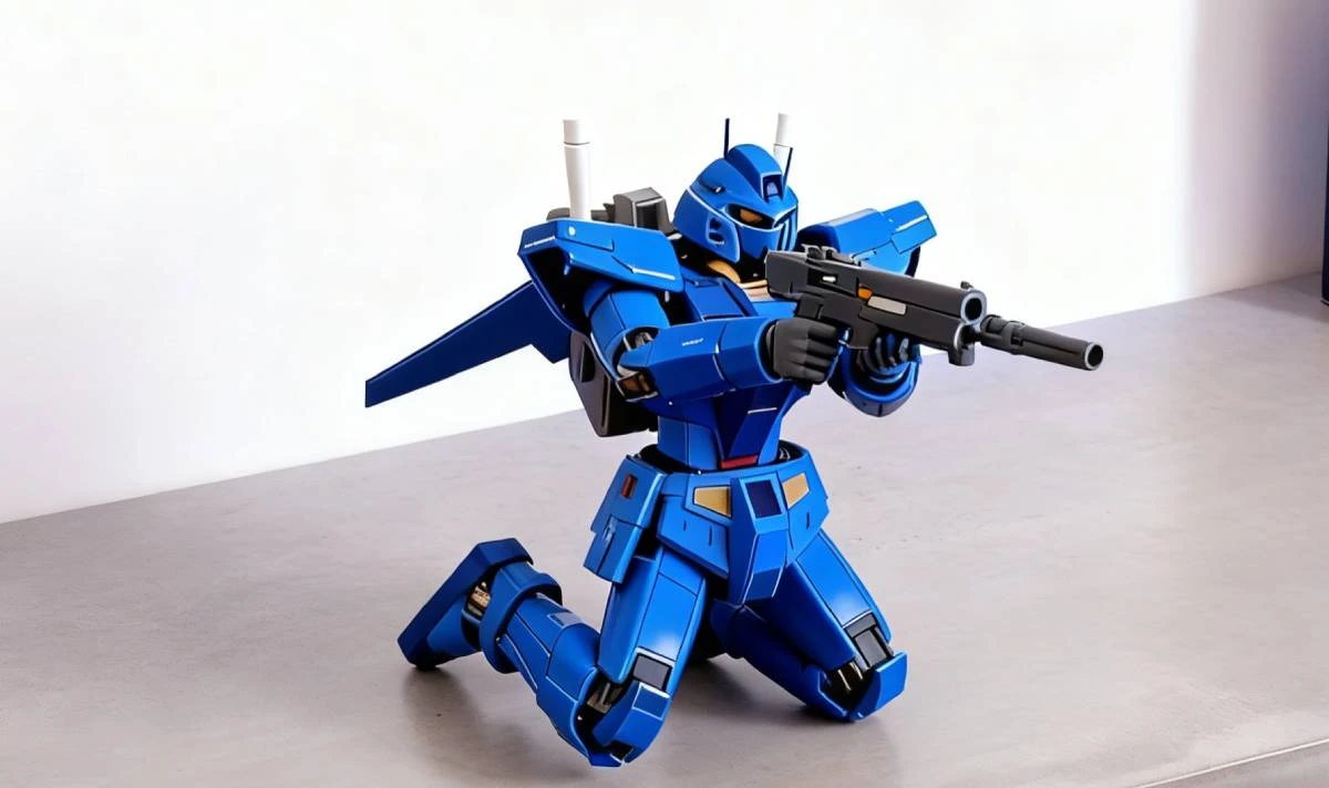 Display of 3D printed blue mecha figurine made with NextShapes Standard PLA filament, showcasing intricate armor details, impact resistance, and scalable production compatibility