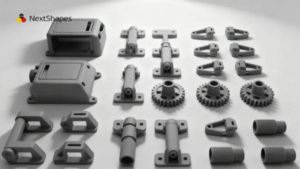 Collection of grey SLA 3D printed mechanical components, including housings, hinges, gears, and connectors, showcasing high precision and smooth surface finish