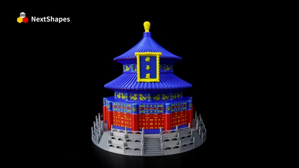 Front view of a 3D printed miniature Temple of Heaven model made with NextShapes Standard PLA filament, showcasing vibrant multi-color detailing and precise architectural replication