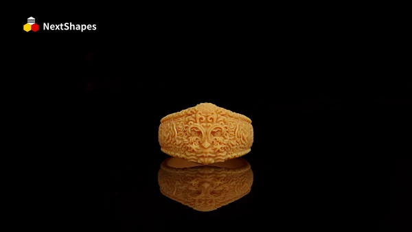 Front view of a 3D printed intricate jewelry ring made with NextShapes High Resolution 8K Pro Red Ceramic Resin, showcasing precise restoration of subtle crocodile patterns and exquisite surface details