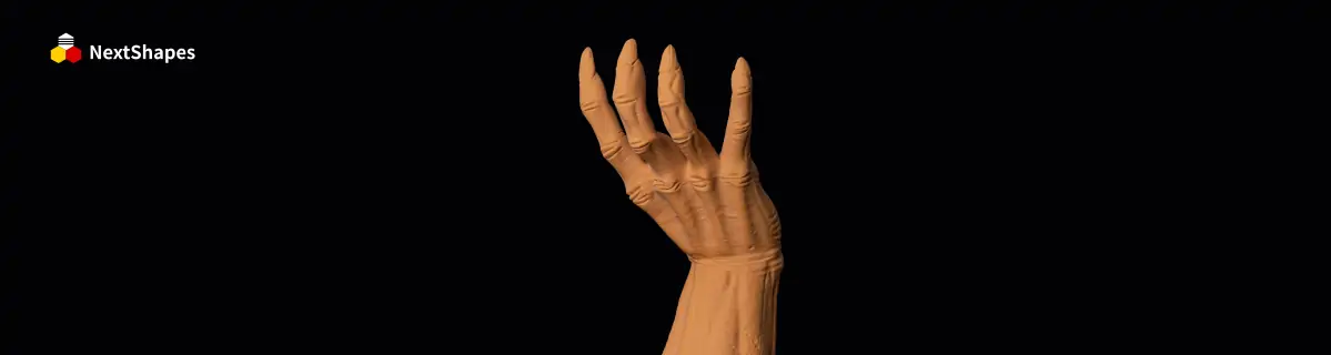 3D printed anime figure hand (close-up detail view) made with NextShapes 12K Pro red wax resin, highlighting ultra-fine finger details and high degree of detail restoration