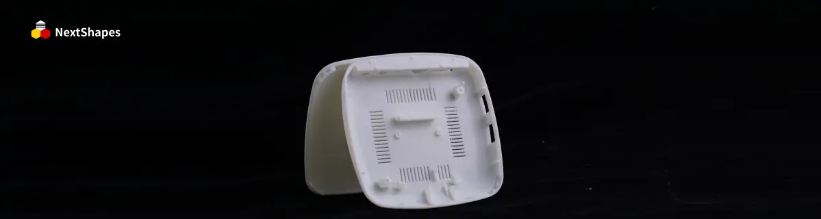 3D printed white plastic shell assembly (internal view) made with NextShapes GM1811 SLA resin, highlighting internal structural details and assembly-friendly design