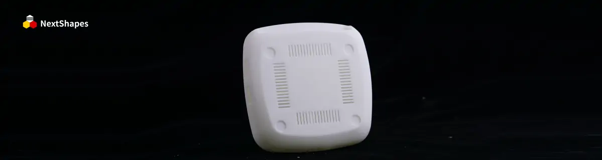3D printed white plastic shell assembly (exterior view) made with NextShapes GM1811 conventional SLA resin, showcasing clear matte surface texture