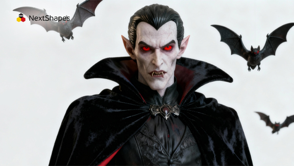 Fully painted 3D printed vampire character bust made with NextShapes Standard Pro Resin, showing detailed facial features and smooth finish