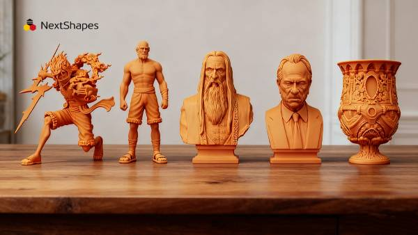 3D printed anime figurines, busts, and decorative vase made with NextShapes High Resolution 8K Pro Resin, showcasing ultra-fine detail reproduction