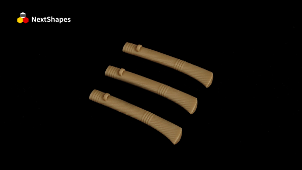 Top view of three identical hilt prototypes 3D printed with NextShapes M2300 shoe mold & head sculpt resin, showcasing uniform detail and dimensional accuracy against a black background.