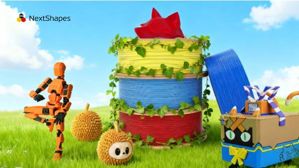 Vibrant illustration of NextShapes Standard PLA filament spools, 3D printed character, and eco-friendly elements, showcasing sustainable 3D printing