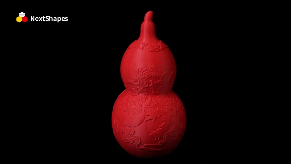 Front view of a 3D printed red gourd decorative piece (Year of the Snake) made with NextShapes Standard PLA filament, showcasing zero warpage, smooth surface, and precise detail reproduction