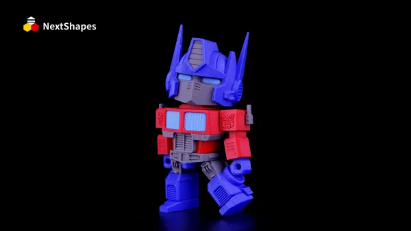 Close-up of 3D printed Optimus Prime (Transformers) figure made with NextShapes Standard PLA filament, showcasing precise dimensional accuracy, delicate texture, and vibrant color details