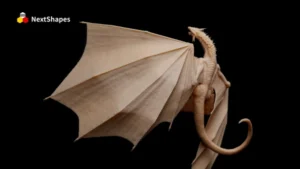 Full view of a 3D printed dragon sculpture made with NextShapes Standard Pro Rigid Resin, showcasing high strength, precise detail reproduction, and intricate wing membrane textures