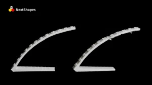 Side-by-side comparison test of 3D printed curved parts: NextShapes Standard PLA (left) vs other brands' standard filaments (right), demonstrating superior dimensional stability and smooth surface finish