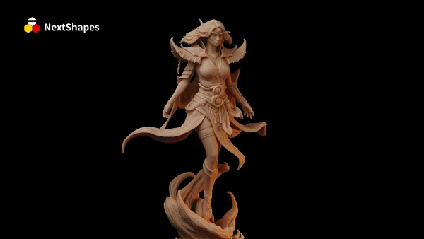Bust view of a 3D printed fantasy female character sculpture made with NextShapes Standard Pro Rigid Resin, showcasing intricate armor details, smooth surface finish, and high detail fidelity