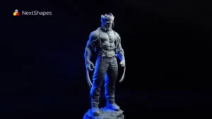 Full view of 3D printed Wolverine figure made with NextShapes Standard Pro resin, showcasing high strength, precise detail reproduction of adamantium claws, battle suit textures, and muscular definition