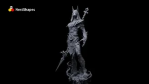 Bust view of a 3D printed fantasy character sculpture made with NextShapes Standard Pro Rigid Resin, showcasing intricate armor textures, precise detail reproduction, and exceptional hardness