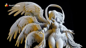 Full wing view of 3D printed Angel Beast figure made with NextShapes Standard Pro Rigid Resin, highlighting intricate feather details and consistent high-quality printing results