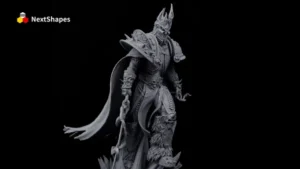 Close-up detail view of 3D printed Lich King Arthas bust armor made with NextShapes Standard Pro Rigid Resin, showcasing precise spike and chainmail textures, crack-free durability, and high detail fidelity