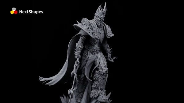Close-up detail view of 3D printed Lich King Arthas bust armor made with NextShapes Standard Pro Rigid Resin, showcasing precise spike and chainmail textures, crack-free durability, and high detail fidelity