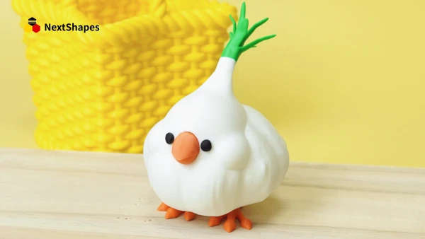 Single view of a 3D printed garlic bird figure made with NextShapes Standard PLA filament, showcasing 0.1mm dimensional accuracy, smooth surface finish, and assembly-ready precision