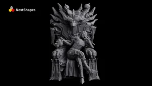 Full view of a 3D printed fantasy character on throne sculpture made with NextShapes Standard Pro Rigid Resin, showcasing intricate hair strands, armor details, and smooth surface finish