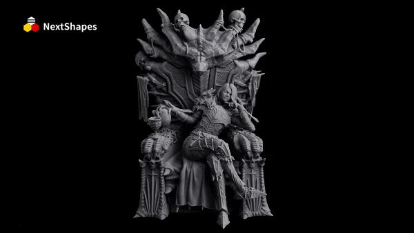 Full view of a 3D printed fantasy character on throne sculpture made with NextShapes Standard Pro Rigid Resin, showcasing intricate hair strands, armor details, and smooth surface finish