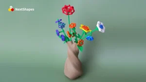 Display of 3D printed colorful block flower bouquet made with NextShapes Standard PLA filament, showcasing 0.1mm dimensional accuracy, smooth surface finish, and assembly-ready precision
