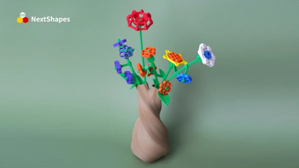 Display of 3D printed colorful block flower bouquet made with NextShapes Standard PLA filament, showcasing 0.1mm dimensional accuracy, smooth surface finish, and assembly-ready precision