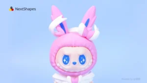 Close-up of 3D printed DIY Sylveon Labubu figure made with NextShapes Standard PLA filament, showcasing fine smooth textures, precise contours, and vibrant pink-blue color details