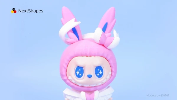 Close-up of 3D printed DIY Sylveon Labubu figure made with NextShapes Standard PLA filament, showcasing fine smooth textures, precise contours, and vibrant pink-blue color details