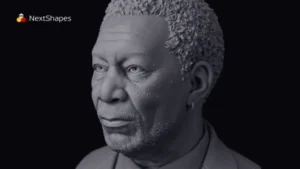 Bust view of a 3D printed realistic male figure sculpture made with NextShapes Standard Pro Rigid Resin, showcasing exceptional detail clarity, smooth surface finish, and precise facial feature reproduction