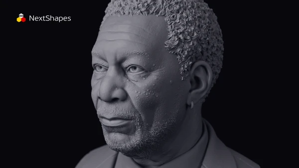 Bust view of a 3D printed realistic male figure sculpture made with NextShapes Standard Pro Rigid Resin, showcasing exceptional detail clarity, smooth surface finish, and precise facial feature reproduction