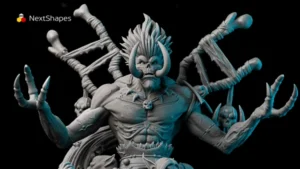 Bust detail view of a 3D printed multi-arm demon figure made with NextShapes Standard Pro Rigid Resin, showcasing exceptional strength, smooth surface finish, and intricate muscle and skull details