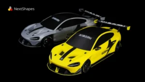 Comparison view of 3D printed yellow and gray Xiaomi SU7 Ultra car models made with NextShapes Standard PLA filament, highlighting vibrant color consistency, refined contours, and reliable performance