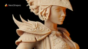 Close-up detail view of 3D printed fantasy character armor made with NextShapes Standard Pro Rigid Resin, showcasing intricate carvings, smooth surface finish, and high hardness