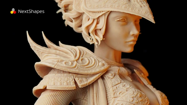 Close-up detail view of 3D printed fantasy character armor made with NextShapes Standard Pro Rigid Resin, showcasing intricate carvings, smooth surface finish, and high hardness