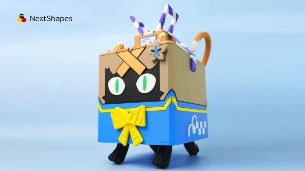 Display of 3D printed cardboard cat figure made with NextShapes Standard PLA filament, showcasing clog-free printing, crisp details, and smooth surface finish