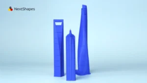Detail comparison view of 3D printed Shanghai Trio buildings made with NextShapes Standard PLA filament, highlighting precise reproduction of spiral lines, cut-outs, and crown details, along with high toughness and resilience