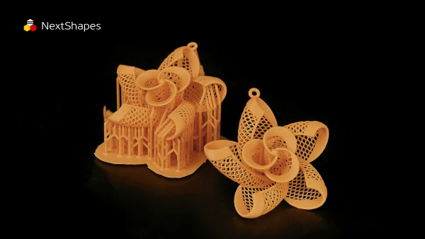 Display of 3D printed lace ring jewelry prototypes made with NextShapes High Resolution 8K Pro Resin, showcasing mirror-like smooth surface, intricate openwork details, and high precision
