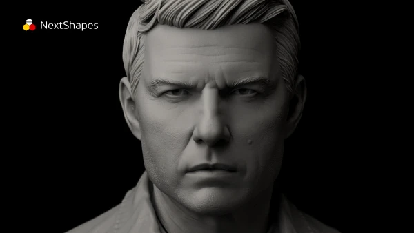 Full view of 3D printed realistic male bust made with NextShapes Standard Pro Rigid Resin, highlighting exceptional strength, durability, and compatibility with major 3D printers