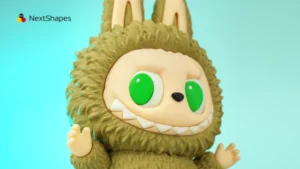 Close-up of 3D printed Labubu figure made with NextShapes Standard PLA filament, showcasing fine surface texture, crisp facial details, and vibrant green eyes