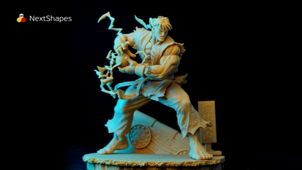Half-body detail comparison of 3D printed fighter sculpture made with NextShapes Standard Pro Rigid Resin, showcasing exceptional muscle texture, intricate clothing folds, and high detail resolution