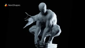 Panoramic view of a 3D printed Spider-Man crouching sculpture made with Magforms SL600 3D printer, showcasing high precision, stable printing performance, and intricate pose details