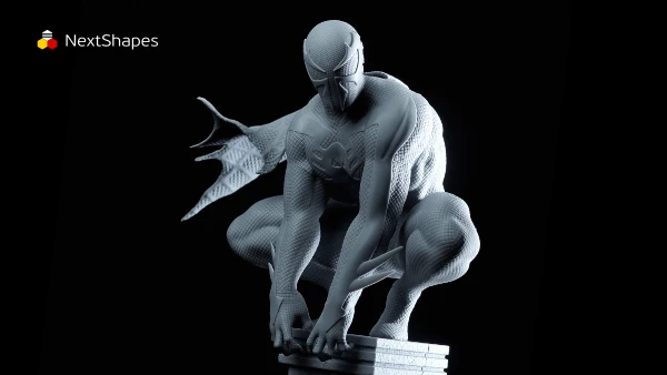 Panoramic view of a 3D printed Spider-Man crouching sculpture made with Magforms SL600 3D printer, showcasing high precision, stable printing performance, and intricate pose details