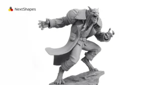 Half-body view of 3D printed werewolf character sculpture made with NextShapes Standard Pro Rigid Resin, showcasing exceptional detail reproduction, precise texture rendering, and high print success rate