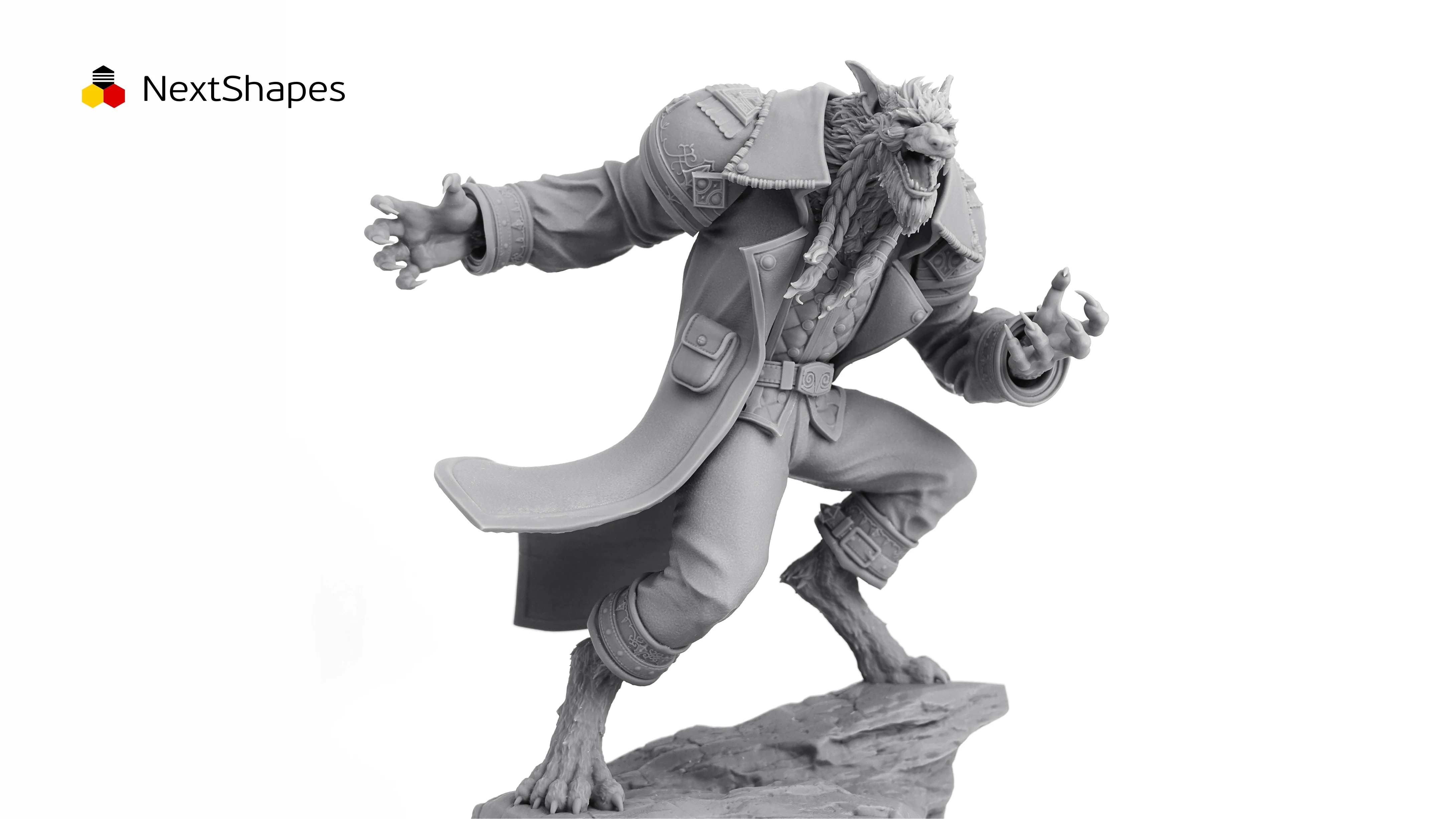 Half-body view of 3D printed werewolf character sculpture made with NextShapes Standard Pro Rigid Resin, showcasing exceptional detail reproduction, precise texture rendering, and high print success rate